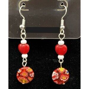 Handmade Red Heart with Millefiori & White Glass Bead Earrings by Neanie-Bot